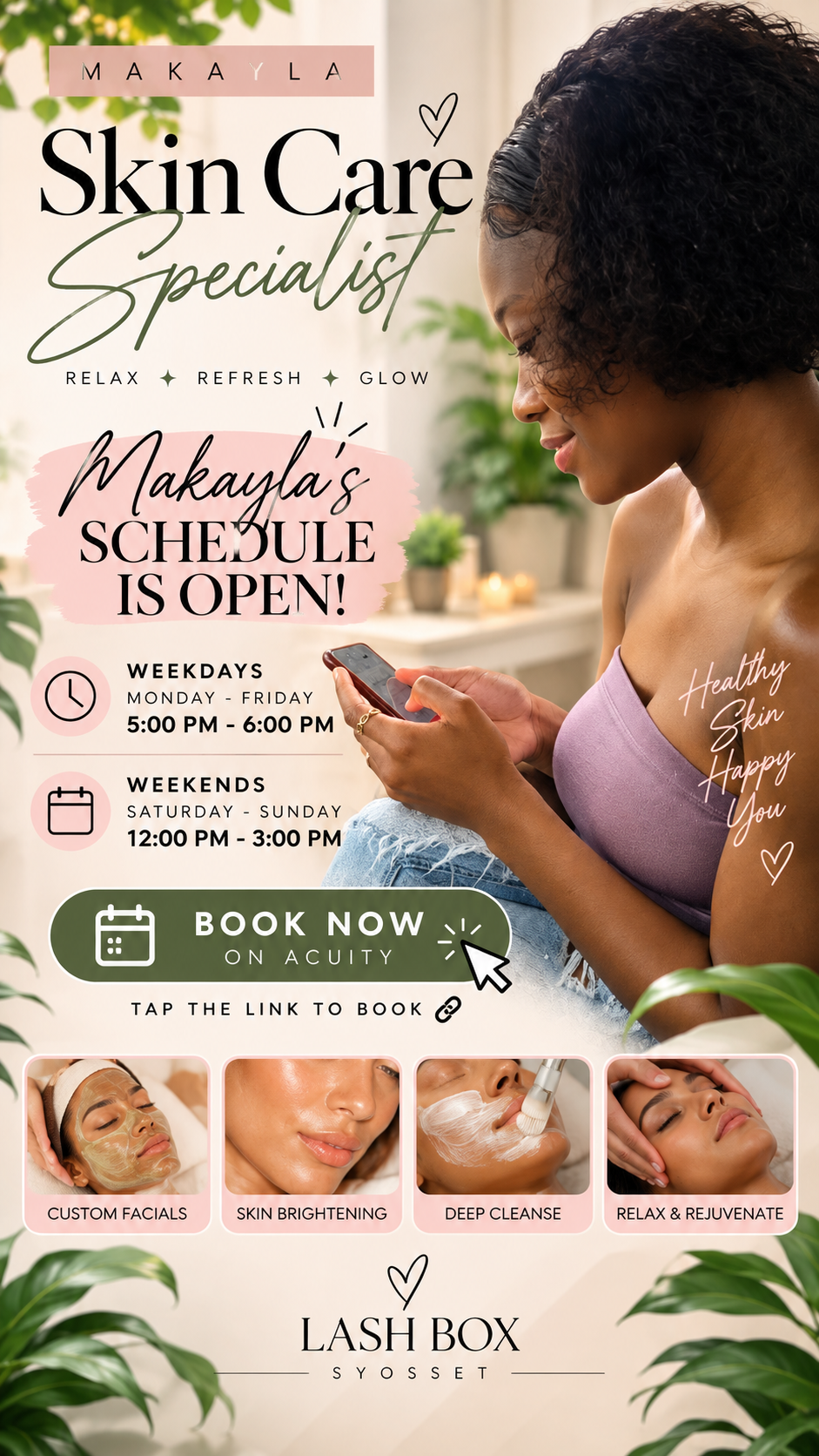 Makayla, skin care specialist at Lash Box Syosset NY — facial schedule open weekdays 5–6 PM and weekends 12–3 PM